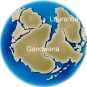 Colour image of globe showing changing position of continents Gondwana, Laurentia