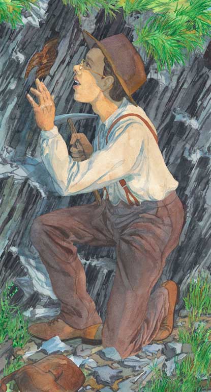 Colour image of young man and hammer discovering trilobite fossil