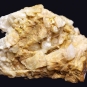 Image couleur d’une roche jaune avec multiples bords dentelés et morceaux ronds de roche blanche