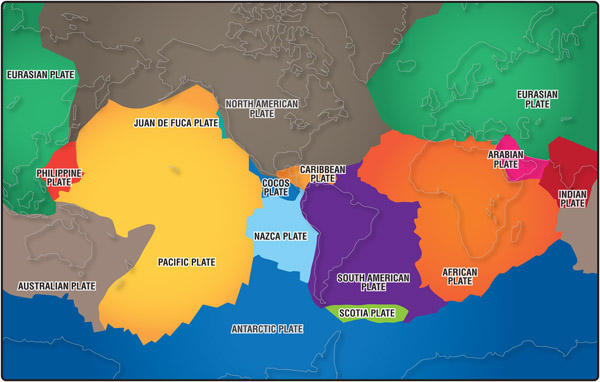 Colour graphic showing world map and how the earth's plates fit together