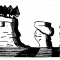Black and white sketch of three rock formations