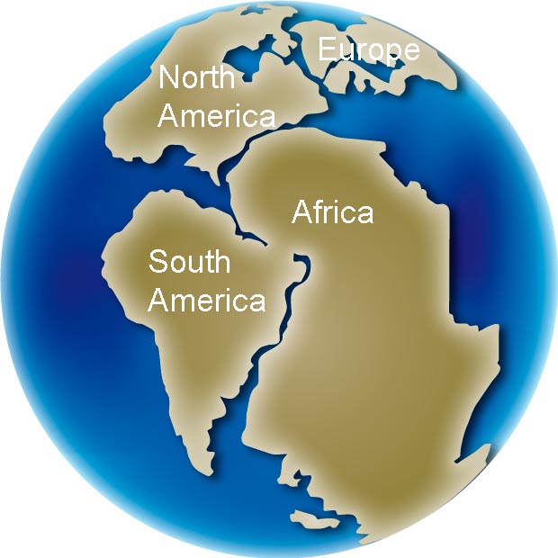 Colour image of globe showing changing position of continents, North America, South America, Europe and Africa