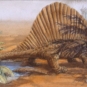 Watercolour painting of a large reptile with walking on the red mud