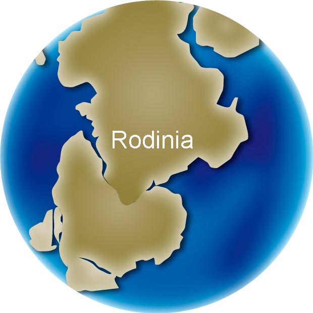 Colour image of globe showing position of large land mass Rodinia