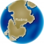 Colour image of globe showing position of large land mass Rodinia