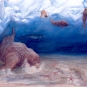 Aquarelle d’un morse nageant dans un océan bleu entre la boue rouge du fond et la glace de la surface