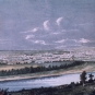 Colour print of deep blue sky, river and town in the distance