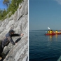 Triple colour image of gray rock with curved fossils, two men examining rocks and a group of kayaks