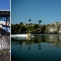 Double colour image of gray rock face and water and boat on water with buildings and bridge